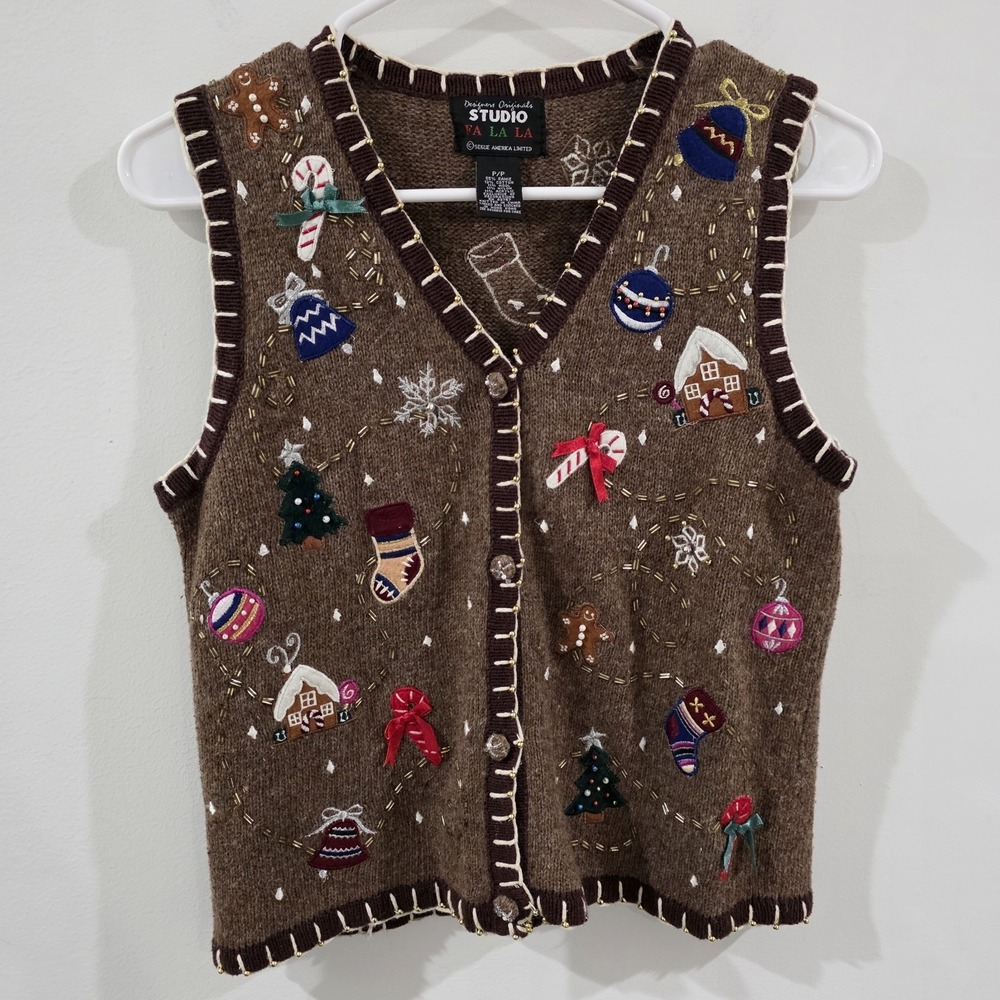 Vintage Designers Studio Womens Ugly Christmas Sweater Vest Small Brown Beaded
